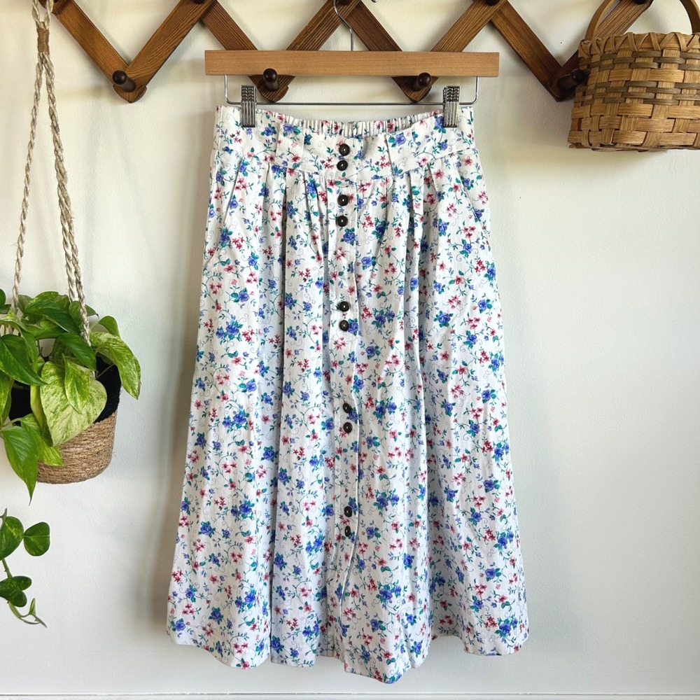 Vintage Samantha Floral Button Front Midi Skirt White Blue Pink Size 8 USA Made